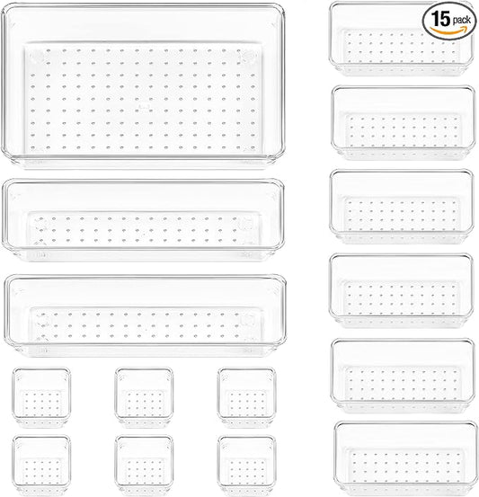 Vtopmart 15 PCS Clear Plastic Drawer Organizers Set, Vanity Organizer Trays | 4-Size Versatile Makeup Organizer, Non-Slip Storage Containers for Makeup, Jewelries, Bedroom，Kitchen Utensils and Office