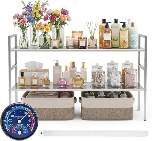 Under-Sink Organizer 2-Tier Expandable Cabinet Storage (10 panels) | LED Motion-Sensing Auxiliary Lighting Dial Thermometer Stainless Steel Telescopic & Adjustable Rust-Resistant