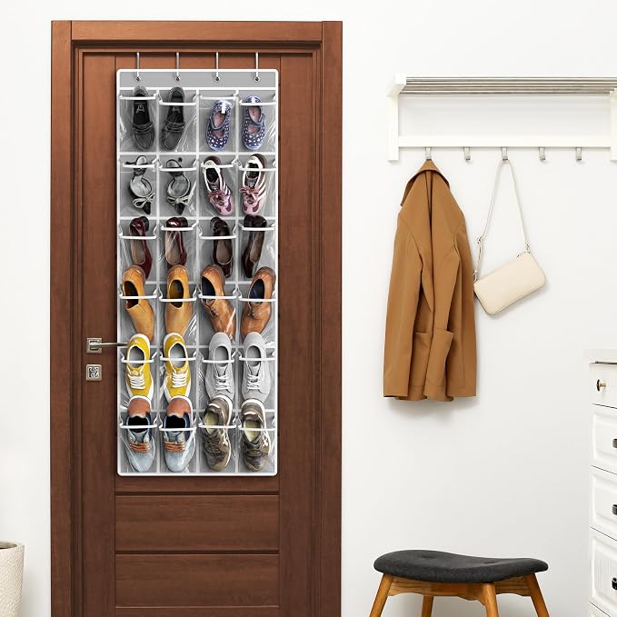 Simple Houseware 24 Pockets Large Clear Over the Door Shoe Organizer, Gray | 56" x 22.5", 4 Durable Metal Hooks, 5" x 9" Pocket Size, Multipurpose
