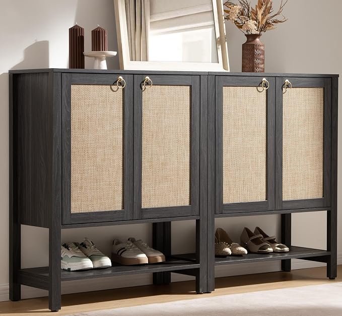 SICOTAS Shoe Storage Cabinet for Entryway, 5 Tier, 2 Pieces | Rattan Entry Shoe Organizer Cabinet with Shelves & Doors, Farmhouse Tall Shoe Rack for Hallway, Living Room, Closet Obsidian