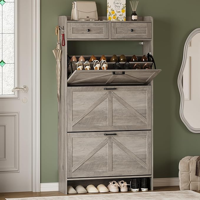 BORNOON Shoe Storage Cabinet for Entryway, Farmhouse Narrow Shoe Cabinet with 3 Flip Drawers & 2 Top Drawers, Adjustable Shelves & Hooks, Freestanding Hidden Rack Organizer for Hallway, Foyer