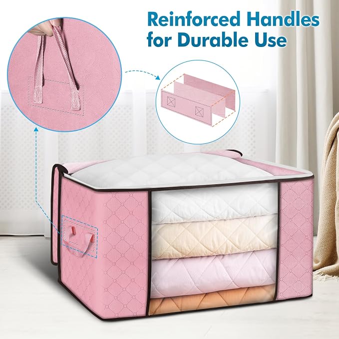 90L Large Storage Bags, 8 Pack Clothes Storage Bins Closet Organizers | Foldable Storage Containers, with Reinforced Handle, for Clothing, Blanket, Comforters, Bed Sheets, Pillows and Toys,Pink
