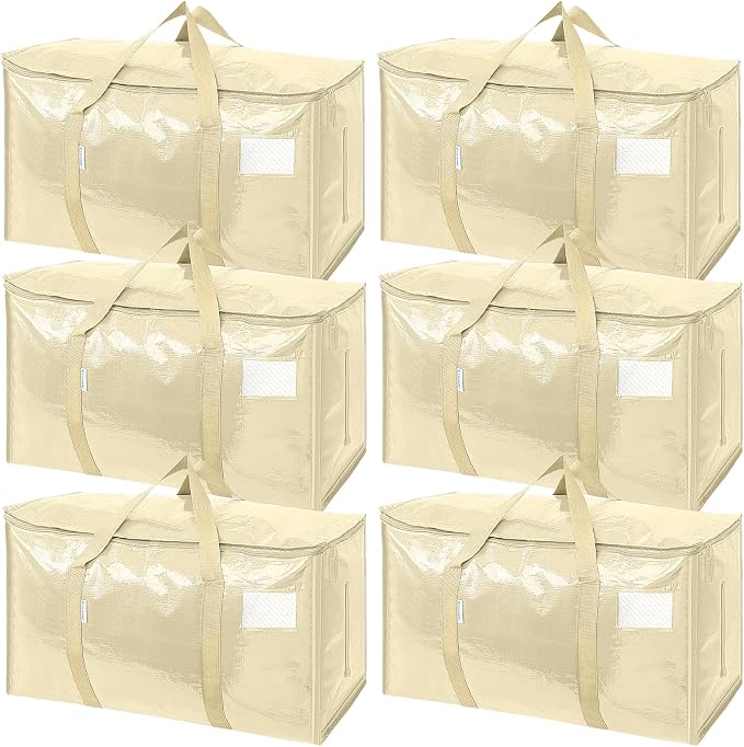 TICONN 6 Pack Extra Large Moving Bags Heavy Duty with Zippers & Carrying Handles, Durable Storage Bags Moving Boxes for Closet Organizers and Storage (6 Pack, Cream)