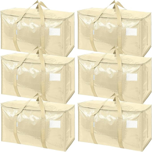TICONN 6 Pack Extra Large Moving Bags Heavy Duty with Zippers & Carrying Handles, Durable Storage Bags Moving Boxes for Closet Organizers and Storage (6 Pack, Cream)