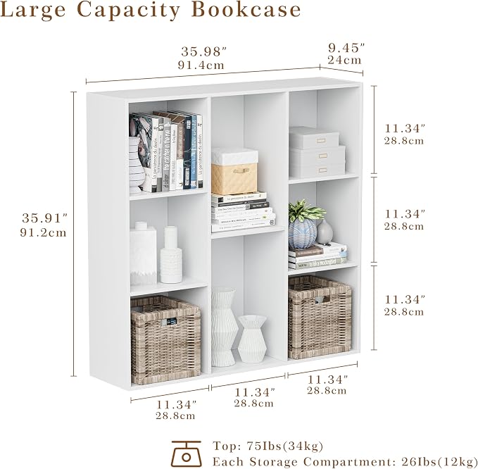 VDNEND Wooden Cube Storage Organizer with Closed Back Panel, 11in Cube Shelf Opening, Bookshelf, Display Shelf,Closet Cabinet for Home and Office (Embossed White, 8-Cube 35.98L*9.45W*35.91H)