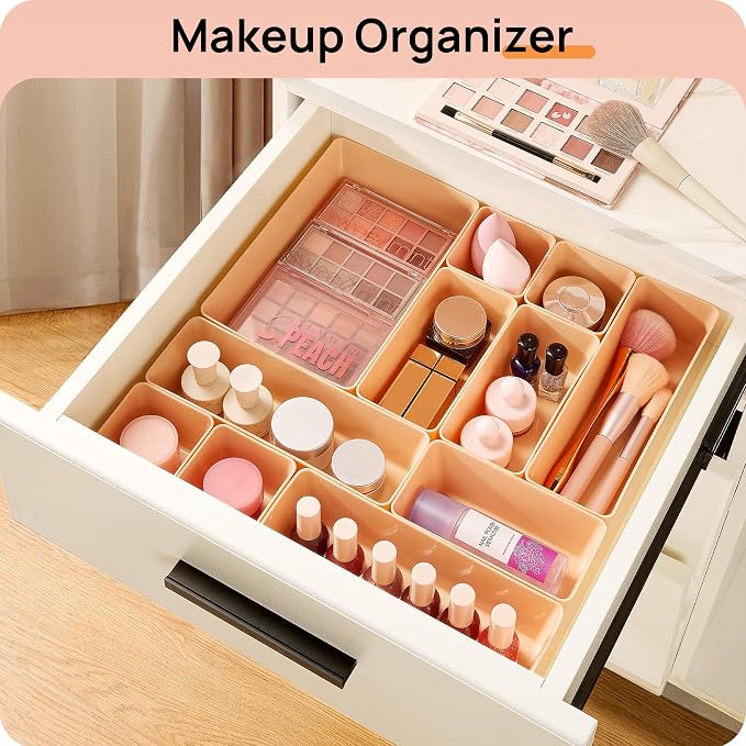 Vtopmart 25 Pack Plastic Drawer Organizers with Non-slip Rubber Pads | 4-Size Versatile Makeup Organizer, Storage Containers Small Bins for Makeup, Jewelries, Bedroom, Kitchen Utensils and Office