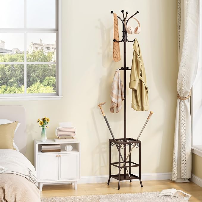 Hoctieon Coat Rack Freestanding, Coat Tree with Umbrella Holder | Metal Coat Rack Stand with 12 Hooks, Standing Coat Hanger Stand, Umbrella Stand for Entryway, Hat Rack Stand for Home Office