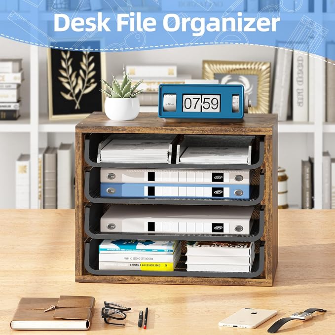 Simple Trending 4-Tier Desk File Organizer, Paper Organizer, Rustic Brown | Adjustable Letter Trays, Wood Desktop File Sorter, Farmhouse Style, for Office Home Classroom, 10.75"D x 15.2"W x 11.8"H