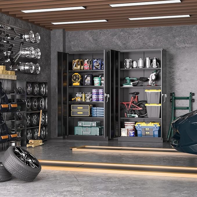 Greenvelly Metal Garage Storage Cabinet, 72” Lockable Storage Cabinet with Adjustable Shelves, Steel Tool Cabinets, Black Metal File Cabinet for Home Office, Garage, School, Classroom(36" W x 18" D)