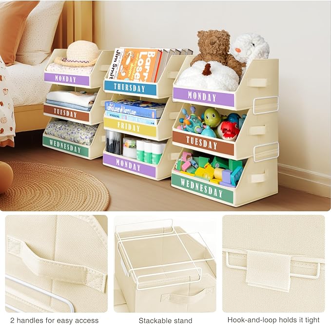Closet Organizers and Storage - 5 Tier Shelf Organizer with Weekly Labels, Stackable Storage Bins with Metal Frame, Foldable Cube Bins, Home Baskets for Kids and Adults, Beige