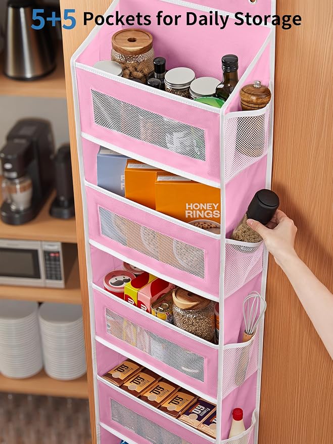 JARLINK Over the Door Organizer for Bedroom, Pantry, Bathroom, 5 Shelf Pink | Anti-Tilt Design, 44 lb Load Capacity, Hanging Door Organizer with 5 Large Capacity Pockets, Behind Door Storage for Nursery