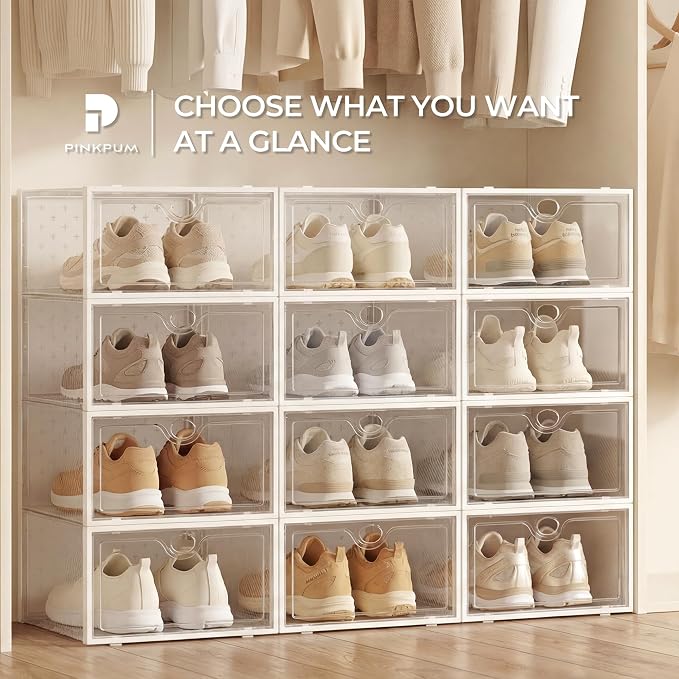12 Pack X-Large Shoe Storage Boxes, Shoe Organizer Clear Stackable | Fit US Size 11, 6.2” Height, Shoe Dispaly Case Holder Bins Sneaker Storage for Sneakerheads, For Home and Family, White