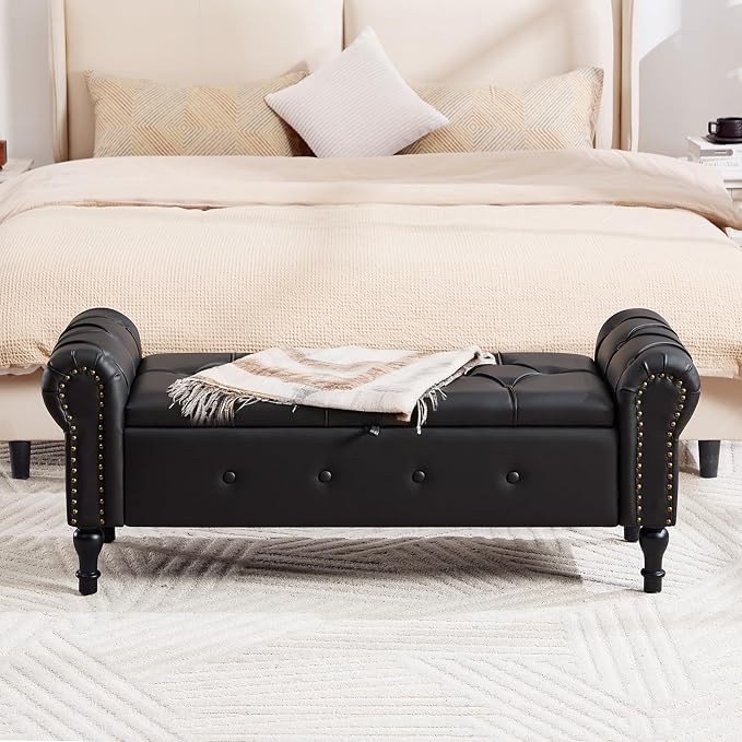 Storage Bench 51" Faux Leather End of Bed Benches Obsidian Black | Queen Size Storage Bench for Bedroom with Rolled Arms Tufted Ottoman Benches Upholstered Bench for Living Room Entryway