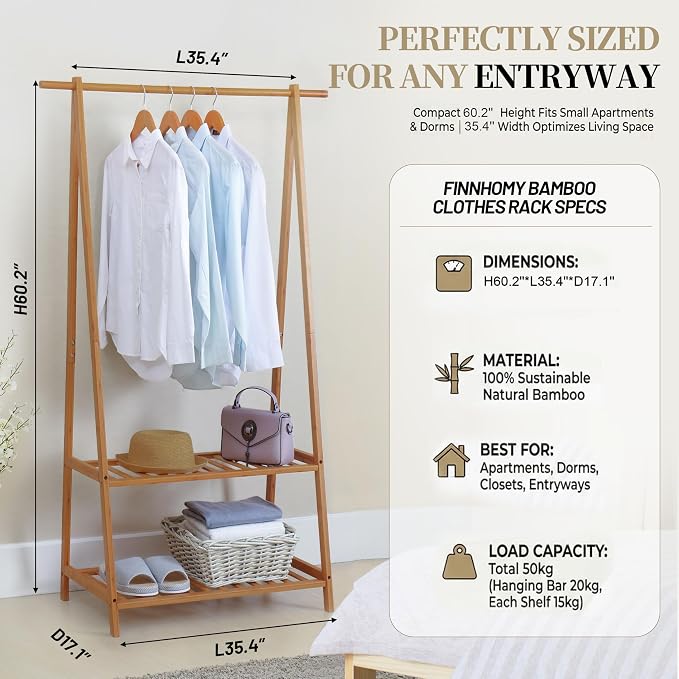 Finnhomy Bamboo Clothes Rack Portable Extra Large Garment Rack 2-Tire Storage Box Shelves For Entryway and Bed Room Patented Design