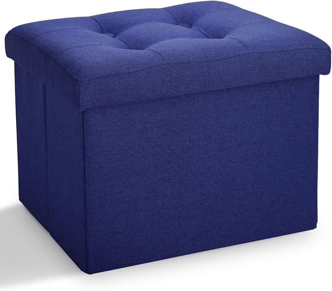LINMAGCO Small Storage Ottoman Stool Foot Rest Stool Under Desk Stool Short Folding Ottoman Linen Cloth Navy 17X13X13IN