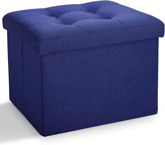 LINMAGCO Small Storage Ottoman Stool Foot Rest Stool Under Desk Stool Short Folding Ottoman Linen Cloth Navy 17X13X13IN