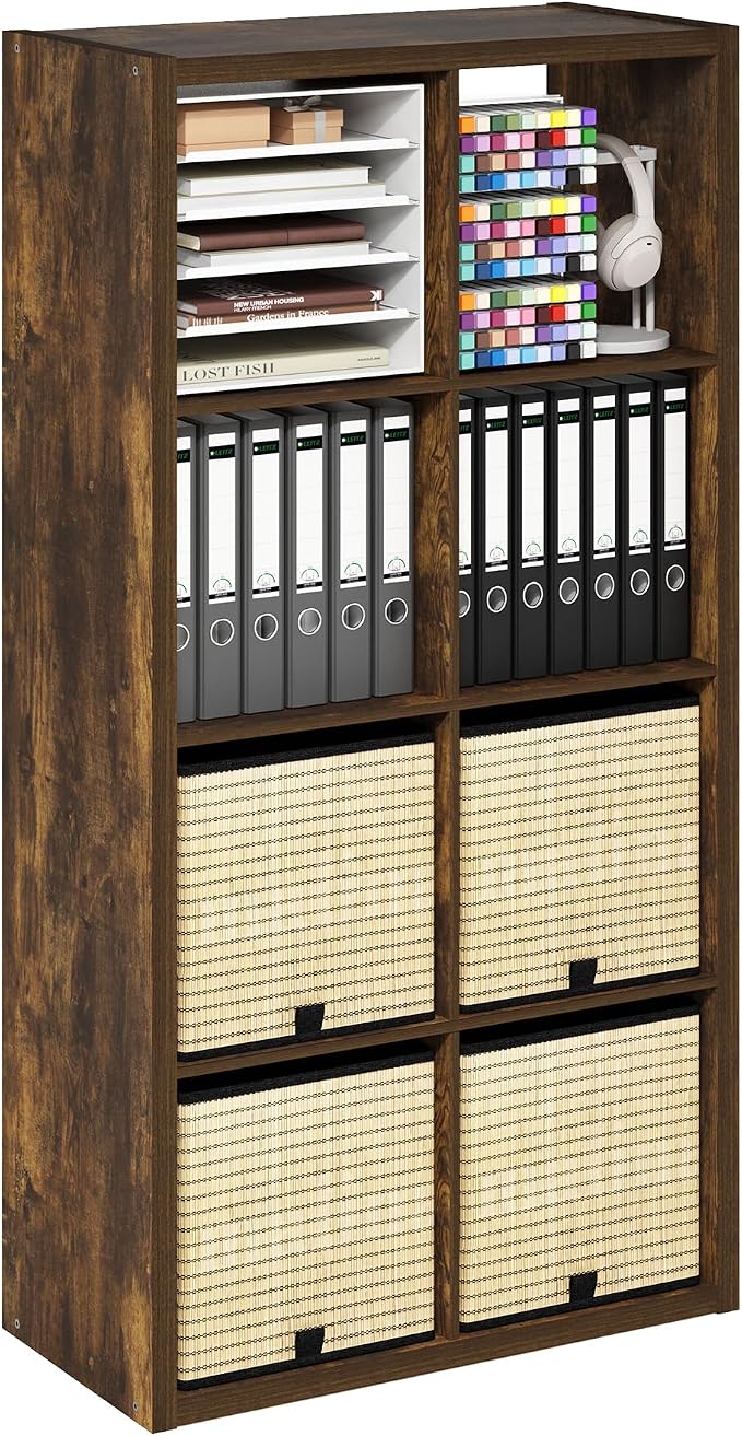 Furinno Cubicle 8-Cube Book Shelf, Extra Thick Frame Bookshelf, Amber Pine | 14.6" x 30" x 58", Horizontally & Vertically Reversible Bookcase with Open Back, for Living Room, Bedroom, Home Office