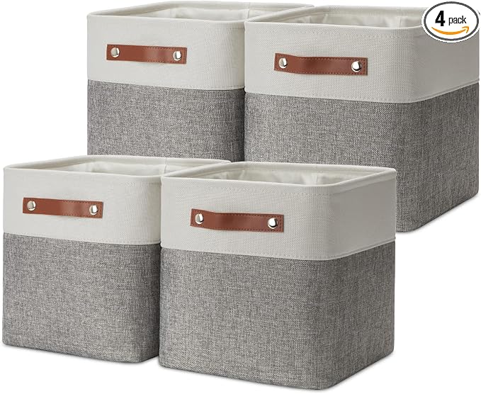 DULLEMELO 11 Inch Cube Storage Bins (Set of 4), Fabric Storage Baskets for Standard Cube Organizers, High-Capacity Collapsible Bins with PU Leather Handles for Closet, Nursery, and Shelves-White&Grey