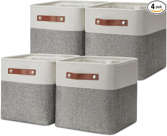 DULLEMELO 11 Inch Cube Storage Bins (Set of 4), Fabric Storage Baskets for Standard Cube Organizers, High-Capacity Collapsible Bins with PU Leather Handles for Closet, Nursery, and Shelves-White&Grey