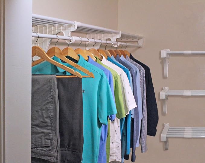 Hanging Shelf - Closet Rod - Expands 17.5-27” - White, Closet Shelves - Strong, Holds 200 lbs - DIY, Easy Install - to 2 Side Walls - Alternative to Wire Shelving