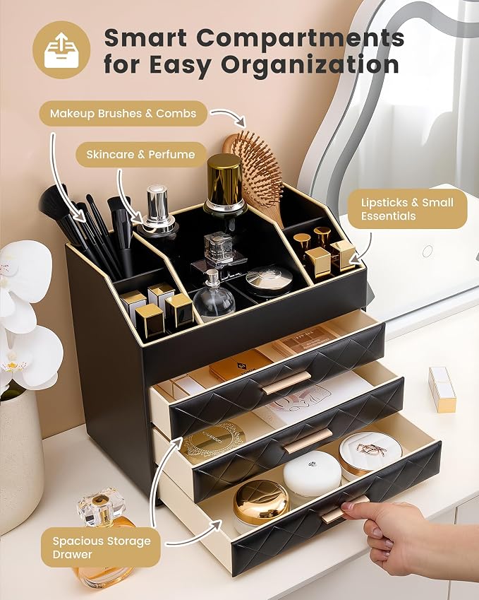 Lolalet 4-Layer PU Leather Makeup Organizer for Cosmetic Vanity -Black | Large Bedroom Dsek Countertop Cosmetic Organizer with Brush Holder, Skincare Storage for Lipsticks, Nail Polish, Perfume