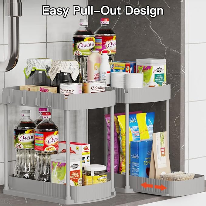 Ukeetap 2 Pack Multi-Purpose Pull-Out Storage Organizers, Under Sink Organizers and Storage for Bathroom & Kitchen, Under Cabinet Organizers and storage, 12.8 Inch, Grey