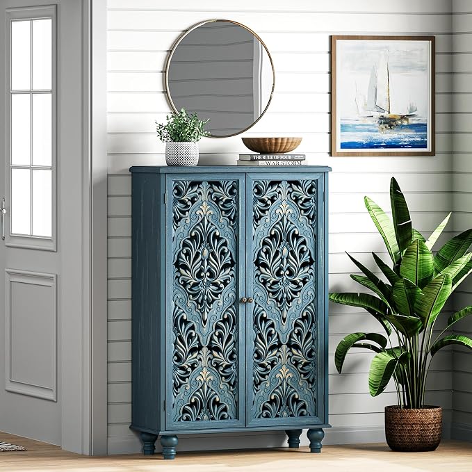 JOINICE 47" Tall Accent Cabinet with Carved Doors & Storage for Living Room | Vertical Storage for Dining Room,Bedroom, Carved Floral Design, Farmhouse & Rustic Style, Adjustable Shelves, Easy Assembly