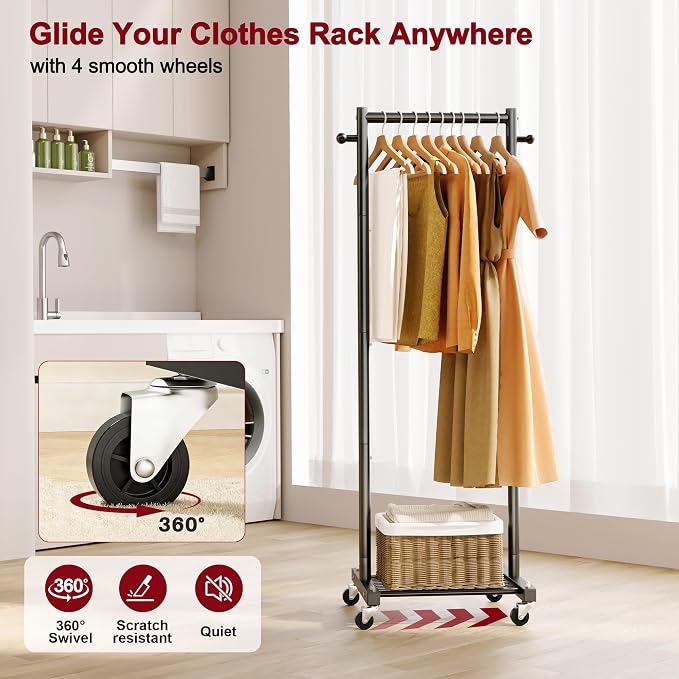 SLEEPING LAMB Small Clothes Racks for Hanging Clothes, Rolling Clothing Rack with Shelves, 60" Metal Garment Rack with Wheels Portable Wardrobe Rack for Small Space, Black