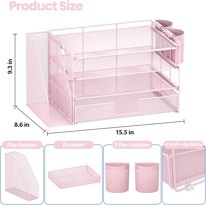OPNICE Desk Organizer, 4-Tier Desktop File Organizer with Drawer and Pen Holders, Office Desk Accessories, File Sorters, Workspace Organizers for Office Supplies(Pink)