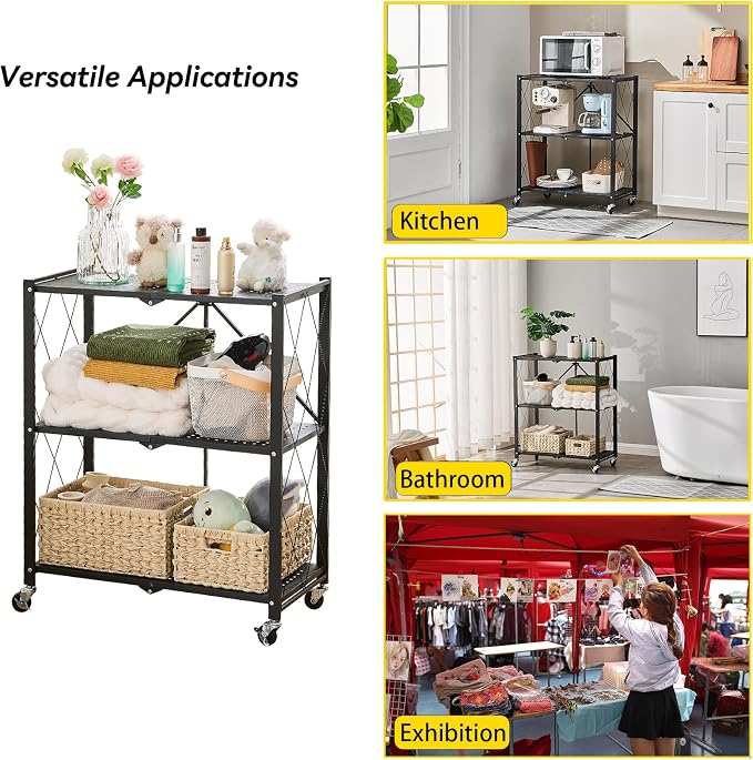 BRIAN & DANY 3-Tier Foldable Storage Shelves with Wheels, No Assembly Folding Shelf Metal Rack, Shelving Unit for Kitchen, Garage, Black