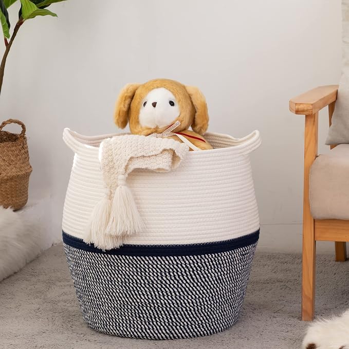 KAKAMAY Woven Baskets for Storage(17"x17"),Large Cotton Rope Basket Woven Baby Laundry Hamper,Collapsible Laundry Basket, Blanket Basket for Living Room,Nursery,Clothes, Toy chest(Navy Blue)