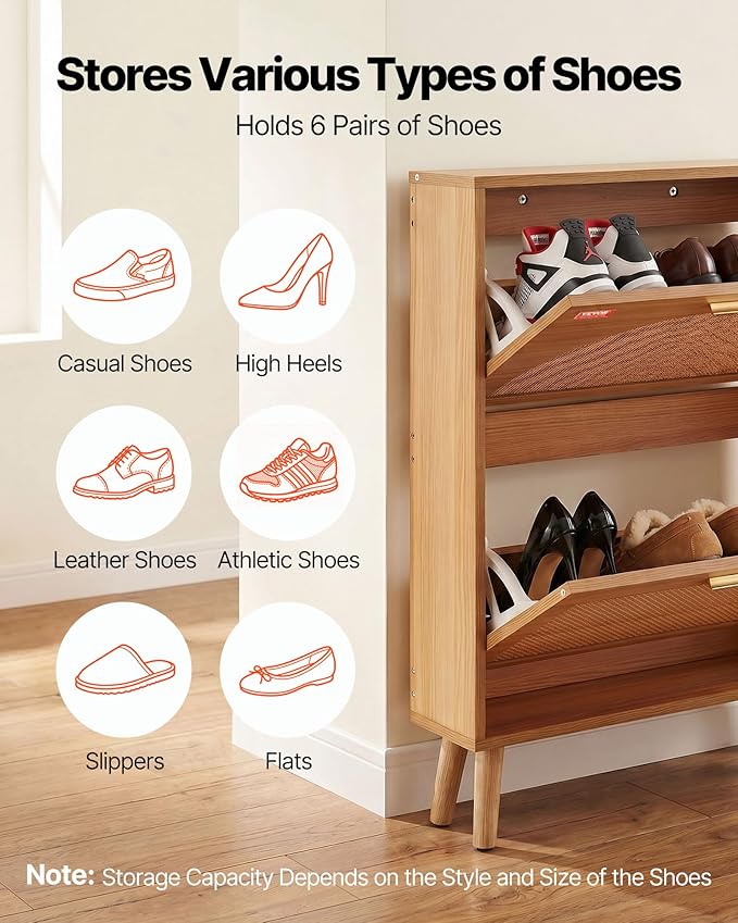 VEVOR Shoe Cabinet with 2 Flip Drawers, Shoe Storage Cabinet for Entryway, Free Standing Shoe Storage Organizer with Rattan Doors for Heels, Boots, Slippers in Hallway, Living Room