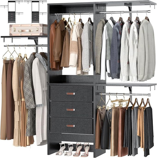 Armocity 5FT Small Closet System with 3 Fabric Drawers, 60 Inches Walk In Closet Organizer System With 3 Adjustable Shelves, Heavy Duty Clothes Rack Built-In Garment Rack, 59" L x 16" W x 71" H, Black