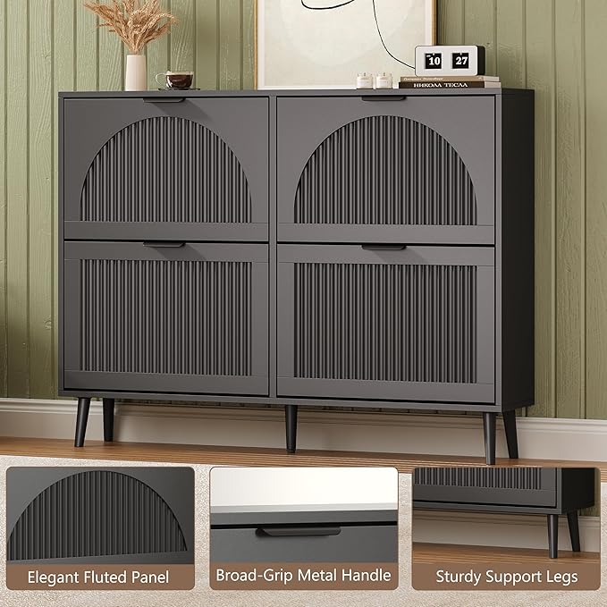 BORNOON Shoe Cabinet for Entryway with 4 Flip Drawers, Slim Wooden Shoe Storage Organizer with Modern Fluted Pannel，Freestanding Narrow Hidden Shoe Rack for Hallway, Foyer, Living Room