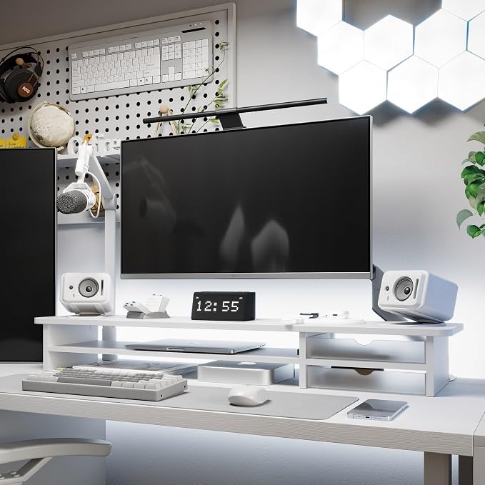 Fenge Monitor Stand, Desk Computer Riser with Frosted Storage Drawer, White | 42.5 Inch Dual Monitor Riser, 2 Tiers, Cable Management, Desk Shelf for 2 Monitors, Ultrawide Screen, Laptop, TV, Home Office