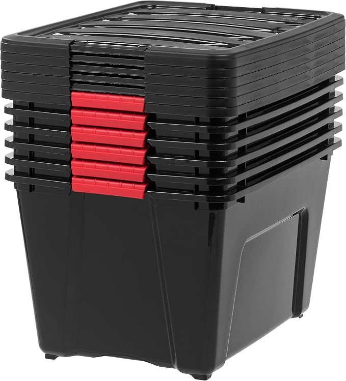 IRIS USA 6-Pack 54 Quart Storage Bins with Lids, Black | Black finish conceals stored items. Perfect for moving, blankets, clothing, and garage storage. Nestable design saves space
