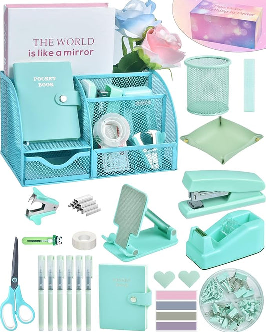 Green and Blue Desk Accessories, 26Pcs Office Supplies and Desk Organizers, with Tape Dispenser, Stapler, Staple Remover, Ect, Gift Box Packaging