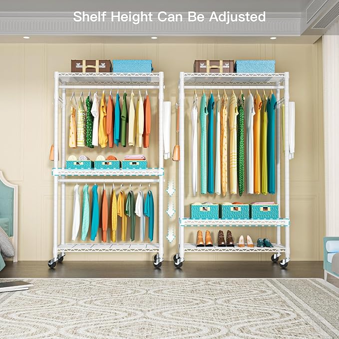FUTASSI P1 Heavy Duty Garment Rack, 3 Tiers Adjustable Rolling Metal Closet | White Clothing Organizer with Lockable Wheels, Free-Standing Wardrobe with Double Hanger Rods and Hooks, Max Load 450lbs