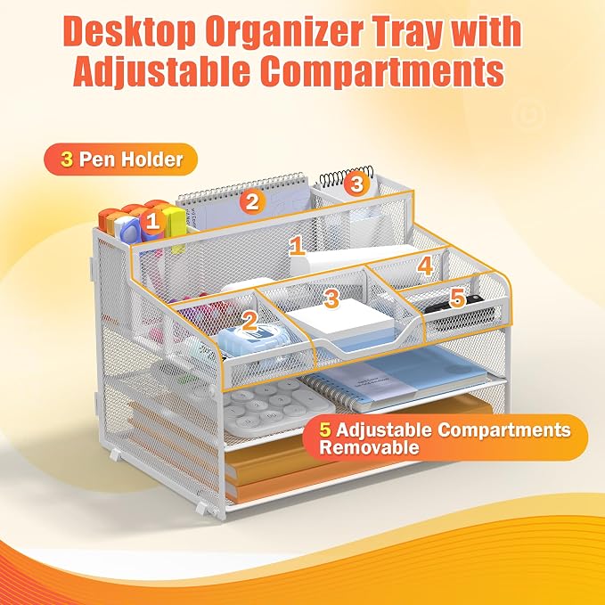 Docnest 3 Tier Mesh Desk Organizer with Letter Tray & Paper Sorter, White | Features 3 built-in pen holders & 5 adjustable compartments on top. Includes 4 non-slip rubber feet for desk protection