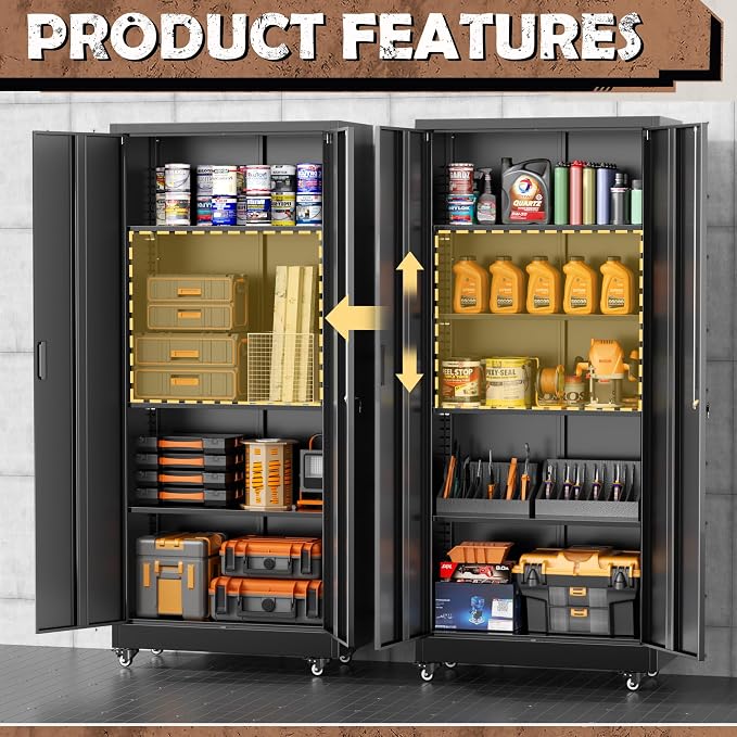 INTERGREAT73 Garage Storage Cabinet with Wheels, Rolling Metal Storage Cabinet with Locking Doors and 4 Adjustable Shelves,- 73" Steel Tool Cabinet for Home Office,Garage,Warehouse，Black