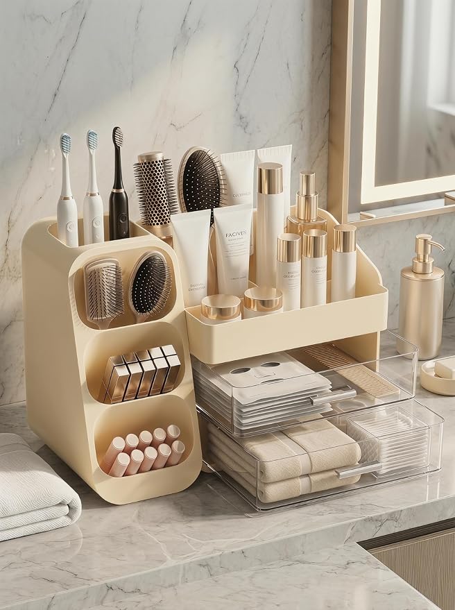 Booklov Large Makeup Organizer for Vanity Countertop, Cream | Clear Acrylic Cosmetic Display Case, Beauty Brush Holder for Bathroom Counter, Make Up Skincare Lipsticks Storage