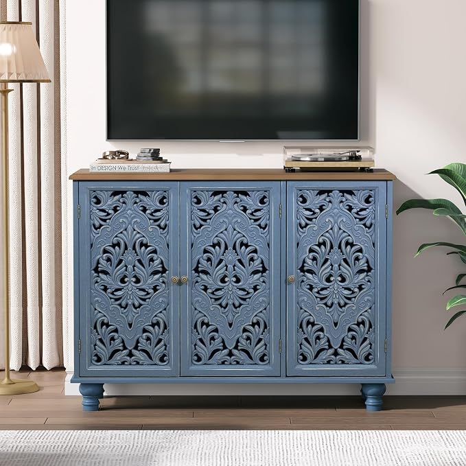 JOINICE 42.5" Accent Storage Cabinet with 3 Carved Doors,Blue & Walnut | Versatile Storage for Living Room & Dining Room & Bedroom & TV Stand, Solid Wood Legs, Farmhouse/Rustic Style, Easy Assembly