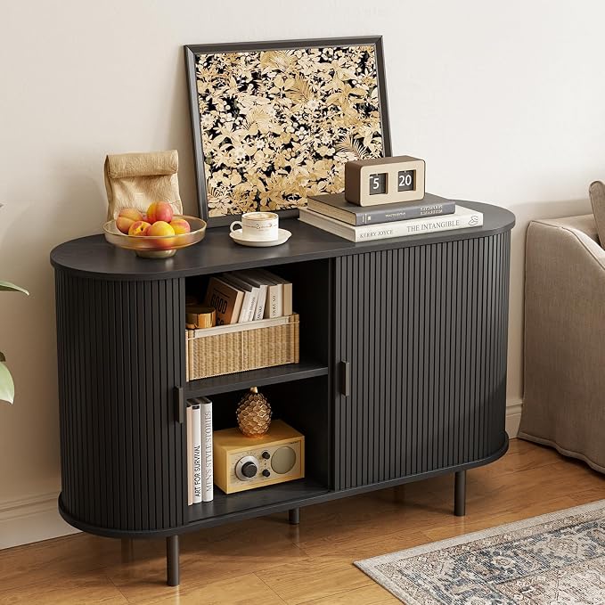 48" Sideboard Buffet Cabinet with Storage, Storage Cabinet with Sliding Door & Adjustable Shelf, Modern Accent Coffee Bar Console Table for Kitchen, Entryway, Black