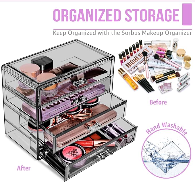 Sorbus Makeup Organizer - 4 Drawer Acrylic Make Up Organizers and Storage for Cosmetics, Jewelry, Beauty Supplies, Clear Makeup Organizer for Vanity, Girl's Room, College Dorm, Counter, Bathroom Sinks