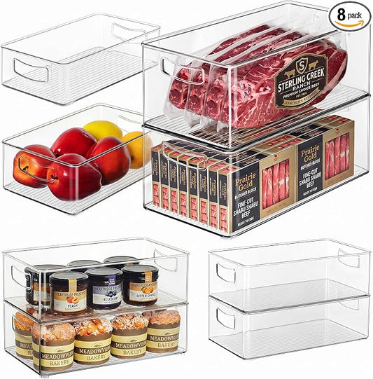 Hudgan 8 Pack Freezer Organizer Bins,Stackable,Clear Bins for Fridge,Pantry | Straight Side, 3 Sizes, 2 XL Storage Container, 3 Large Cabinet Organizer, 3 Medium Storage Drawer