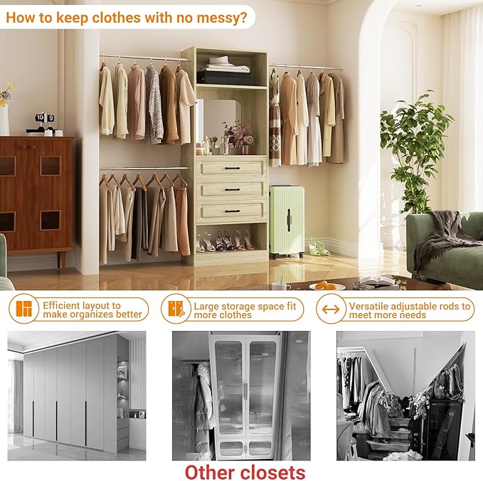 Unikito 48" W - 96” W Closet System with Mirror, 8FT Walk in Closet Organizer with Drawers and 3 Extendable Hanging Rod, Sturdy Wood Clothing Garment Rack with 25” Tower, Max Load 1000 LBS, White Oak