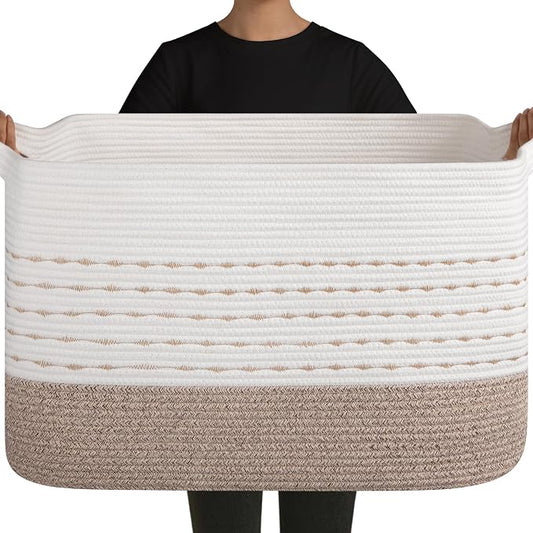 OIAHOMY 108L Extra Large Blanket Basket, 25”x16”x16” Rectangle Woven Cotton Rope Baskets for Living Room, Toy Storage with Handle- Gradient Light Brown