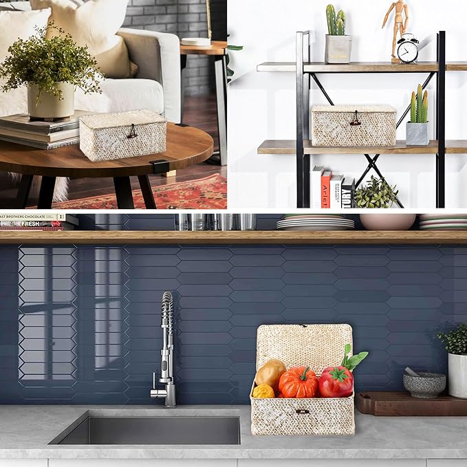 Hipiwe Wicker Shelf Baskets with Lid, X-Small Woven Seagrass Basket Bin | Rectangular Storage Baskets Household Basket Boxes for Shelf Home Organizer and Decor, Whitewash