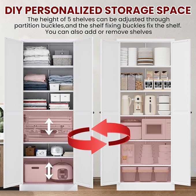 AQY Metal Pantry Cabinet, 72" White Kitchen Storage Cabinet with Doors | 5 Adjustable Shelves • Ventilated Metal Cabinet • Hanging Hooks • Freestanding Kitchen Storage