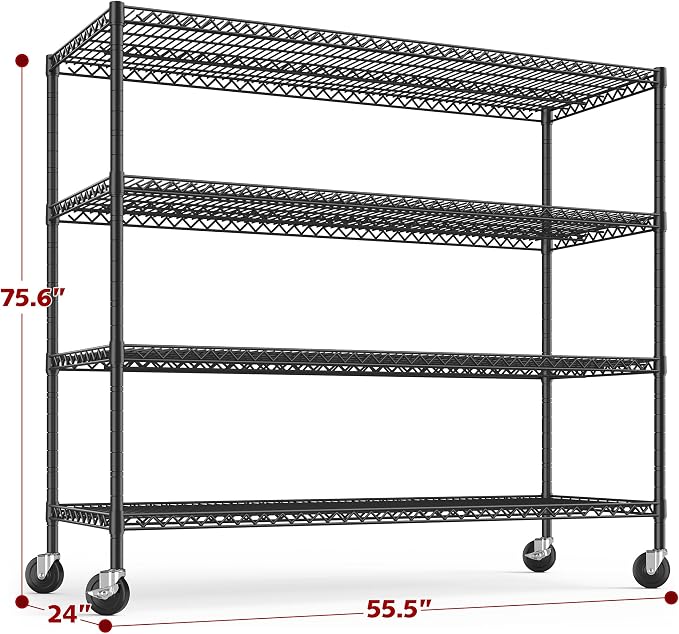 REIBII 75.62" H Storage Shelves 2480LBS Garage Shelving with Wheels Heavy Duty Metal Shelving for Storage Adjustable Pantry Shelf for Kitchen Garage Commercial, 75.62" H X 24.02" D X 55.52" W, 2PCS